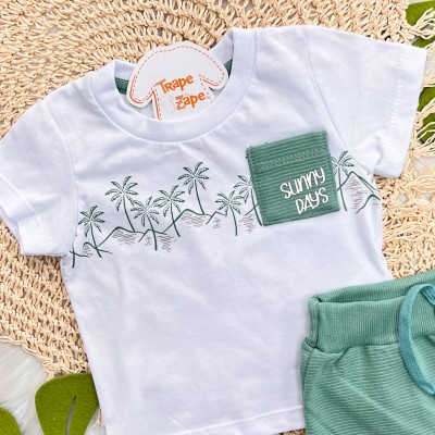 Conj. Camiseta Bolsinho Sunny Days e Bermuda - Branco e Verde